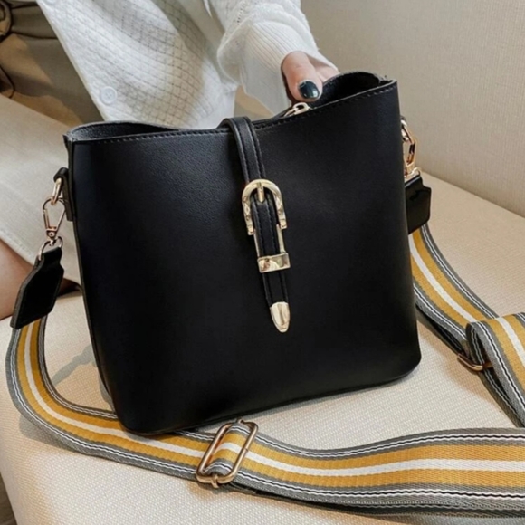 SHEIN Handbags - Like new shein Buckle Decor Guitar Strap Crossbody Bag black and yellow/grey